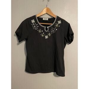 VTG Jennifer Scott Top Womens Medium Black Floral Embroidered Gingham Beaded 90s